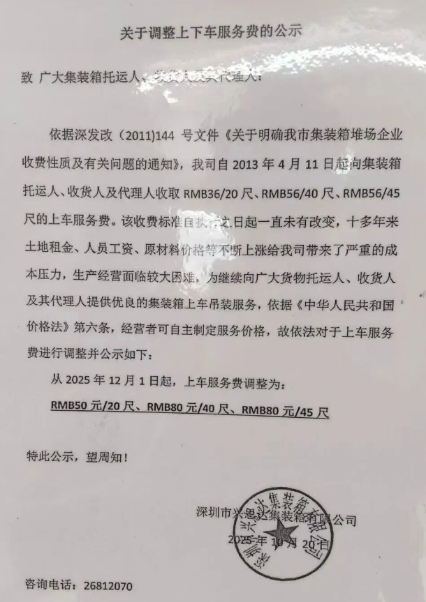 深圳港口费用新规：12月外堆场费上调