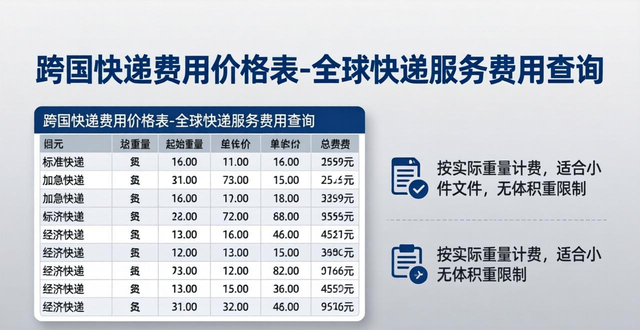 跨国快递费用价格表-全球快递服务费用查询